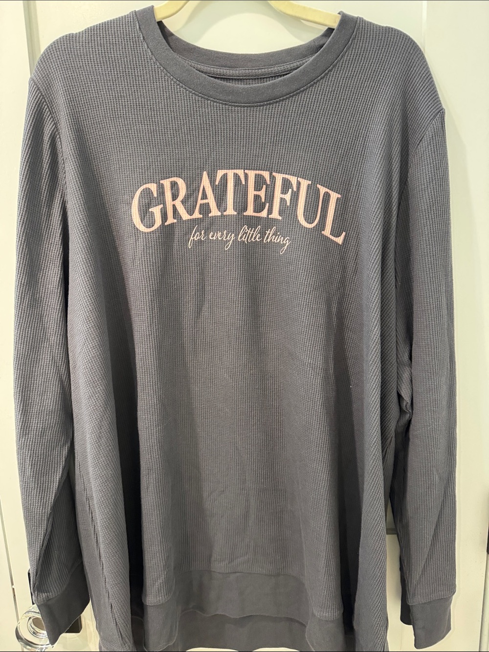 Lane Bryant Gray Waffle Knit 'Grateful' Pullover with Pink Lettering